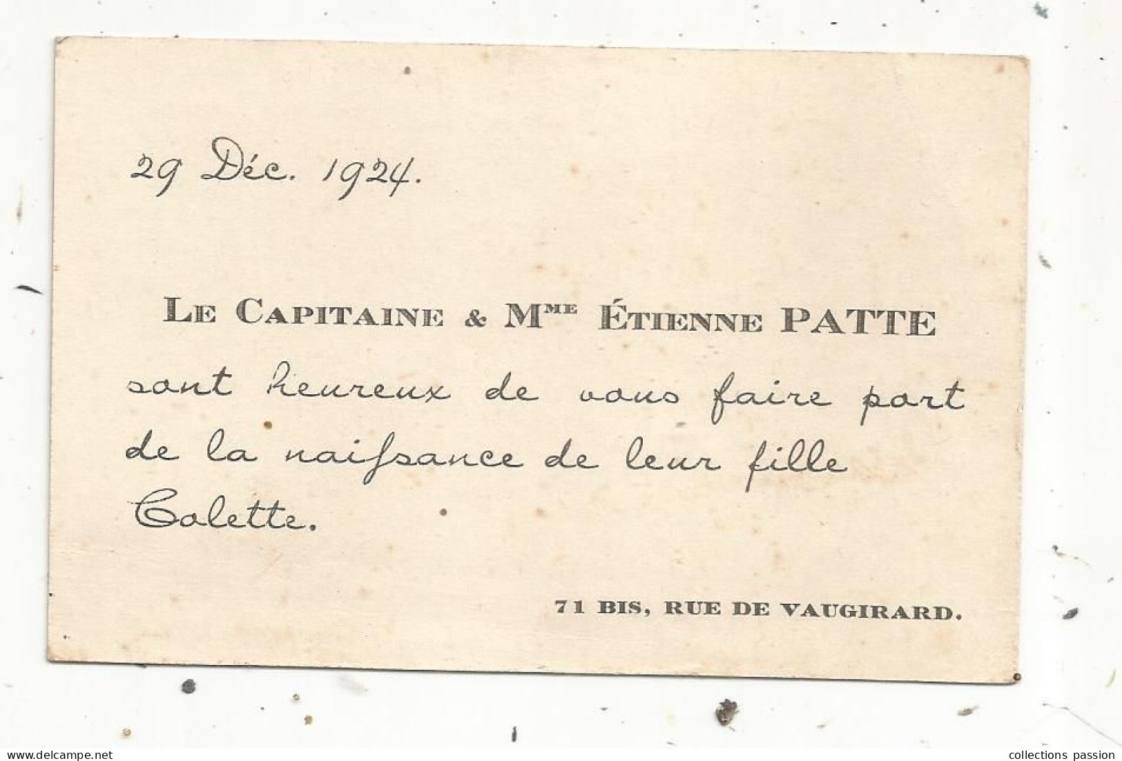Carte De Visite, 1924, Capitaine, Faire Part De Naissance, 71 Bis Rue De Vaugirard - Visitekaartjes