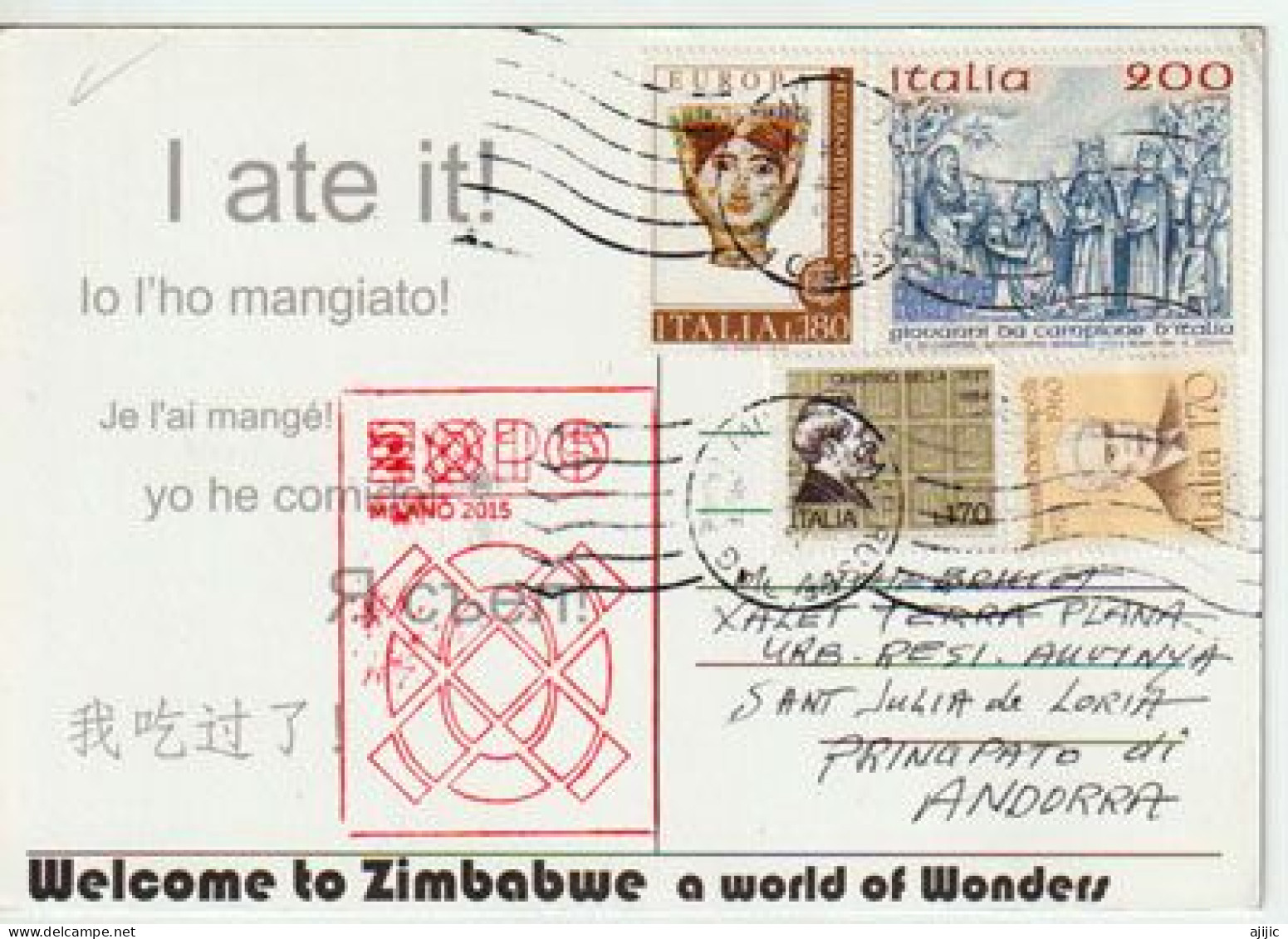 ZIMBABWE. UNIVERSAL EXPO MILANO 2015, Pavillon Zimbabwe."Feeding The Planet" (CrocoBurger) Country Stamp,sent From Milan - 2015 – Milan (Italy)