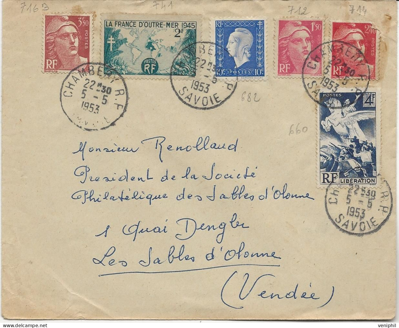LETTRE AFFRANCHISSEMENT COMPOSE AVEC N° 660+682+712+714+716 B +741 - OBLTEREE CAD CHAMBERY  1953 - 1921-1960: Modern Period