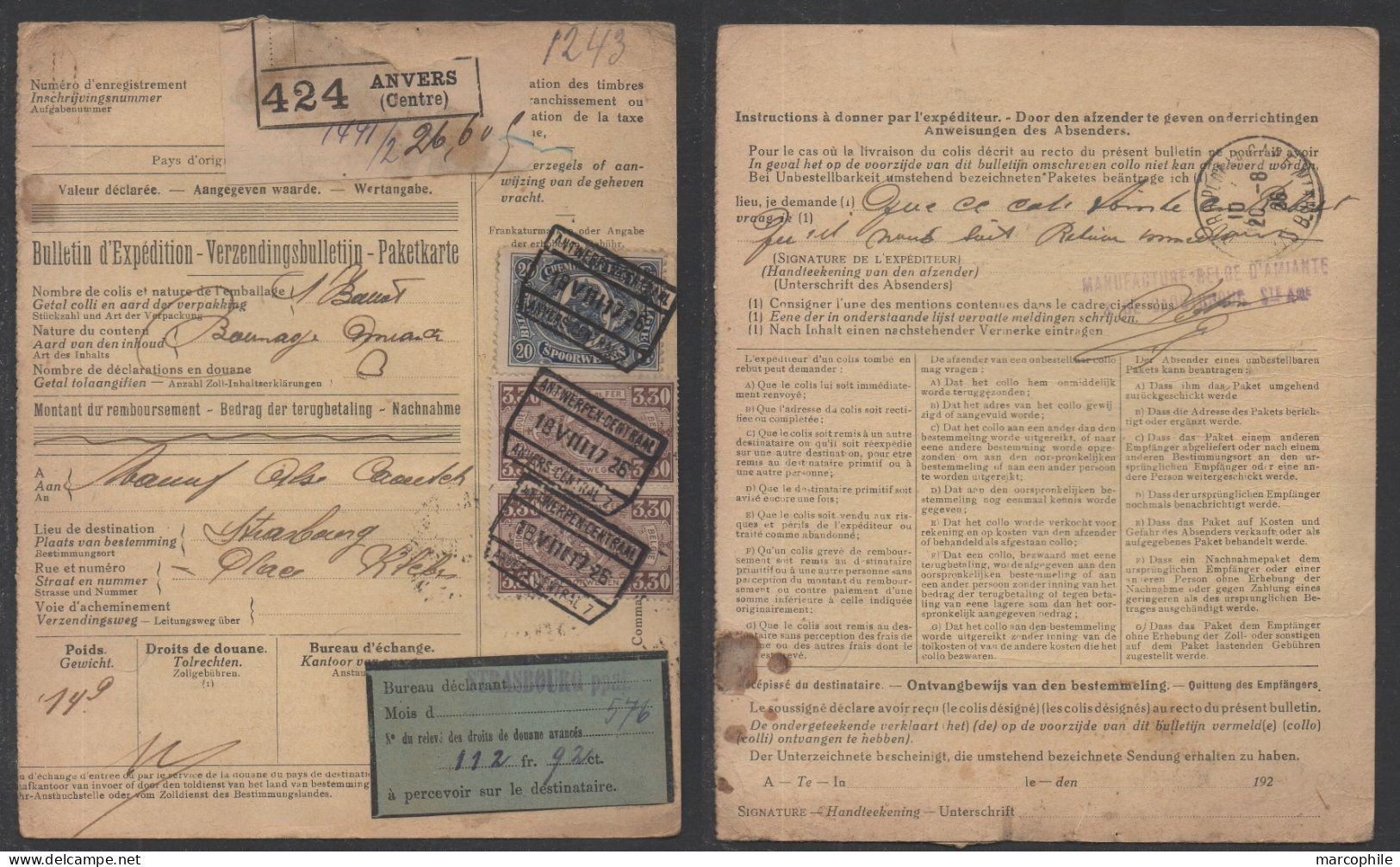 COLIS POSTAUX  -  BELGIQUE - ANVERS - ANTWERPEN /1925-6 - 8  BULLETINS D'EXPEDITION POUR LA FRANCE / 8 IMAGES (ref 3468) - Documenten & Fragmenten