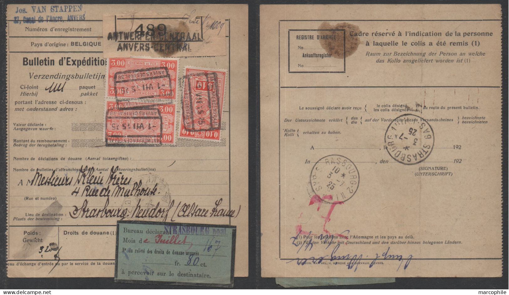 COLIS POSTAUX  -  BELGIQUE - ANVERS - ANTWERPEN /1925-6 - 8  BULLETINS D'EXPEDITION POUR LA FRANCE / 8 IMAGES (ref 3468) - Documents & Fragments