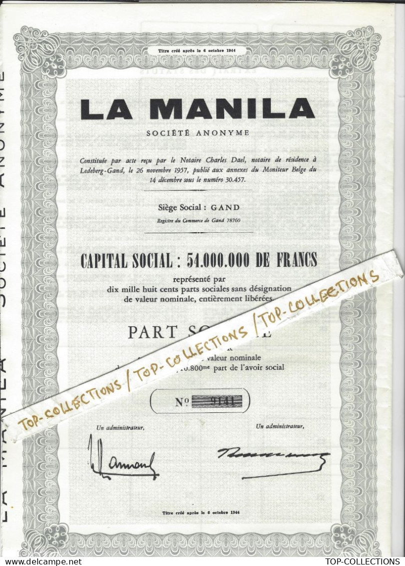 PART SOCIALE  Société " LA MANILA"  Siège à Gand Belgique B.E.V.SCANS - Other & Unclassified