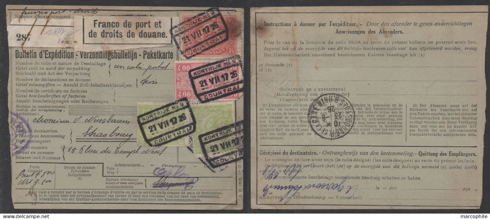 COLIS POSTAUX  -  BELGIQUE - COURTRAI - KORTRIJK /1926 - 4  BULLETINS D'EXPEDITION POUR LA FRANCE / 4 IMAGES (ref 3472) - Documenten & Fragmenten