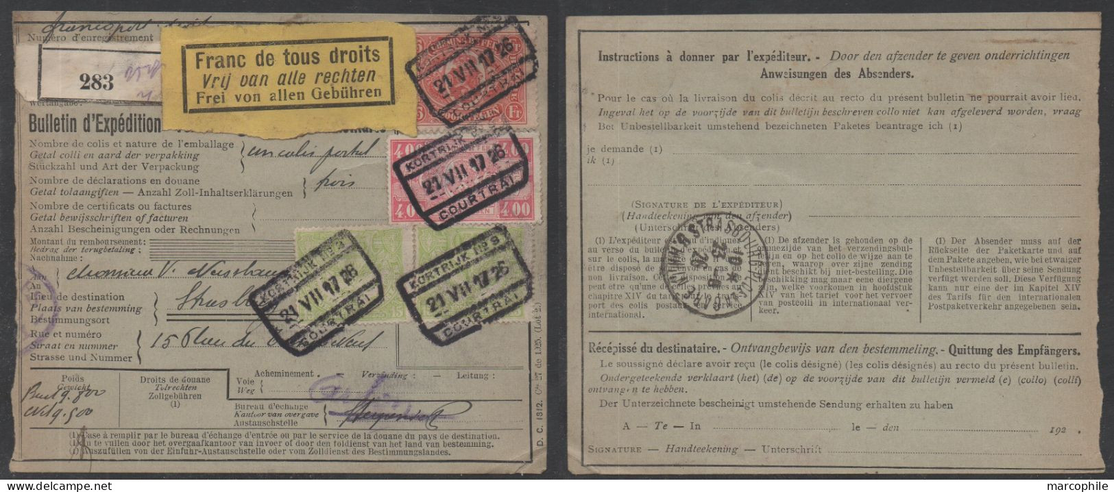 COLIS POSTAUX  -  BELGIQUE - COURTRAI - KORTRIJK /1926 - 4  BULLETINS D'EXPEDITION POUR LA FRANCE / 4 IMAGES (ref 3472) - Dokumente & Fragmente