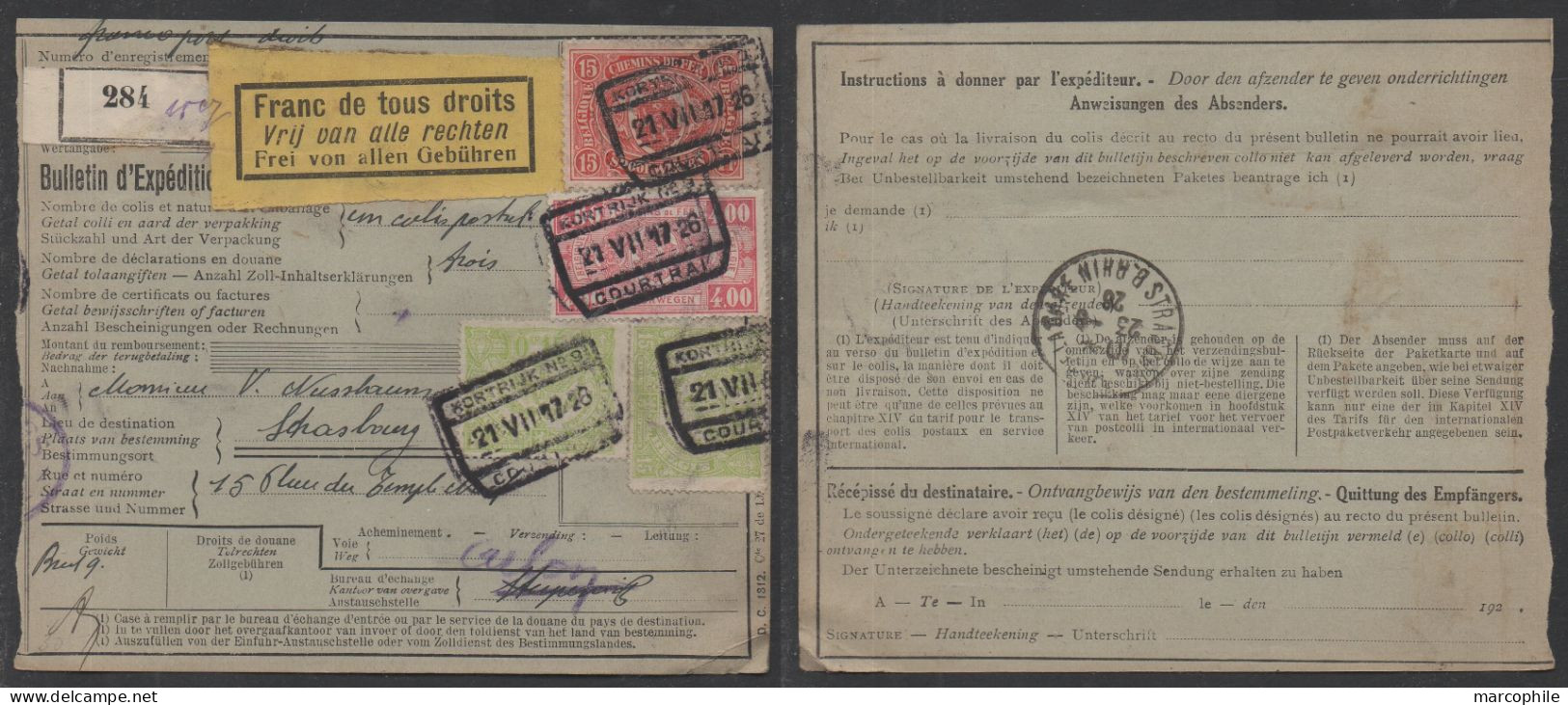 COLIS POSTAUX  -  BELGIQUE - COURTRAI - KORTRIJK /1926 - 4  BULLETINS D'EXPEDITION POUR LA FRANCE / 4 IMAGES (ref 3472) - Documents & Fragments