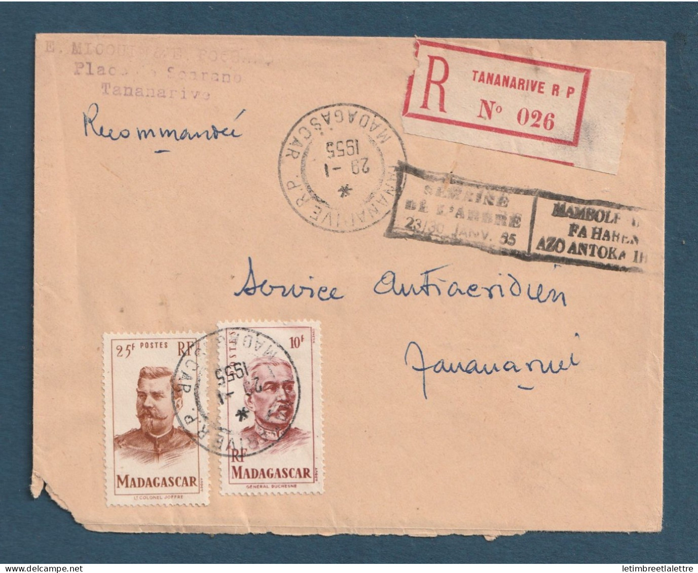 Madagascar - Lettre En Recommandé Pour Tananarive - Semaine De L'arbre - 1955 - Lettres & Documents