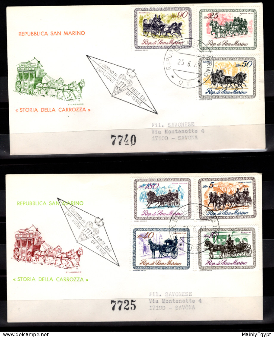 SAN MARINO - 1969 2 X FDC - Mi.929-935, Old Carriages (BB045) - Briefe U. Dokumente