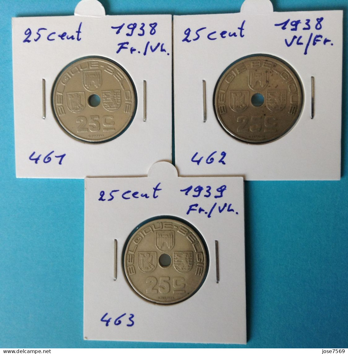 België Leopold III 3 X 25 Cent 1938-39 Vl-Fr / Fr-Vl. (Morin 461-62-63) - 25 Cent