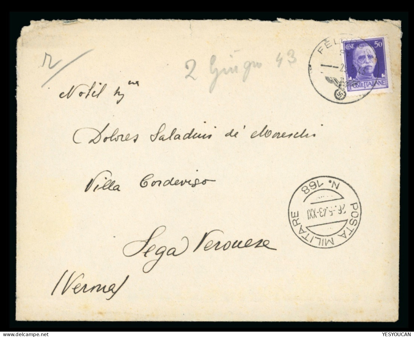 TUNIS TUNISIE 1943: Afrikakorps FELDPOST Italiener POSTA MILITARE 168 Marseille Brief>Italia (lettre Lettera 1939-1945 - Occupazione 1938 – 45