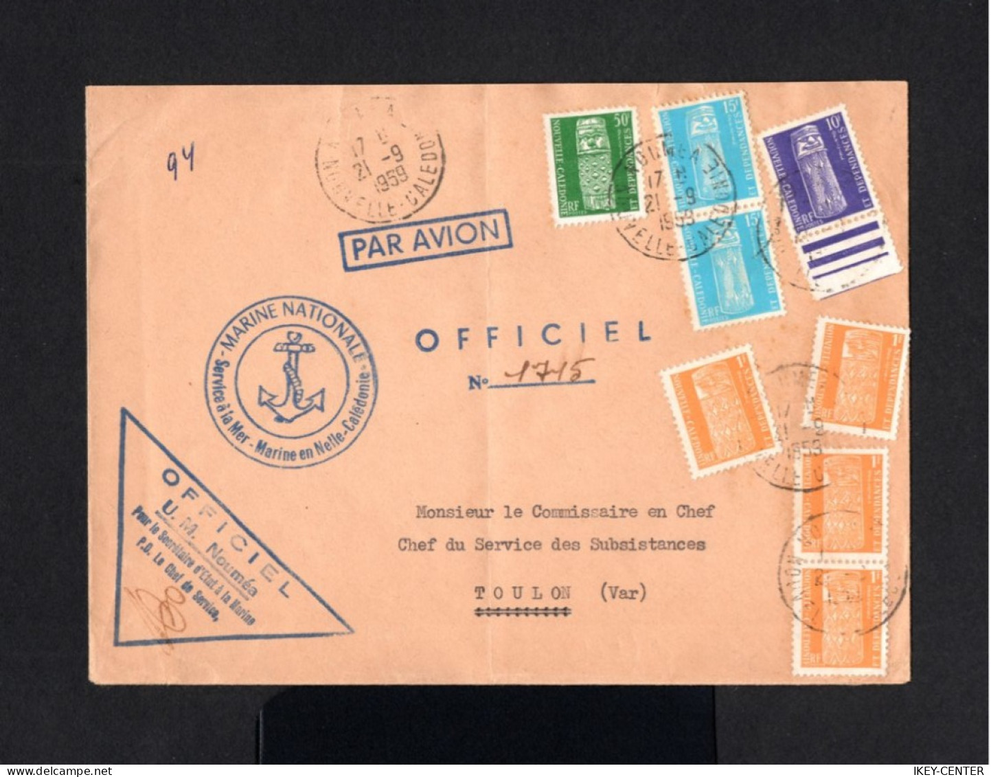 1453-NEW CALEDONIA-AIRMAIL OFFICIAL COVER NOUMÉA To TOULON (france) 1959.French.ENVELOPPE AERIEN NOUVELLE CALEDONIE - Brieven En Documenten