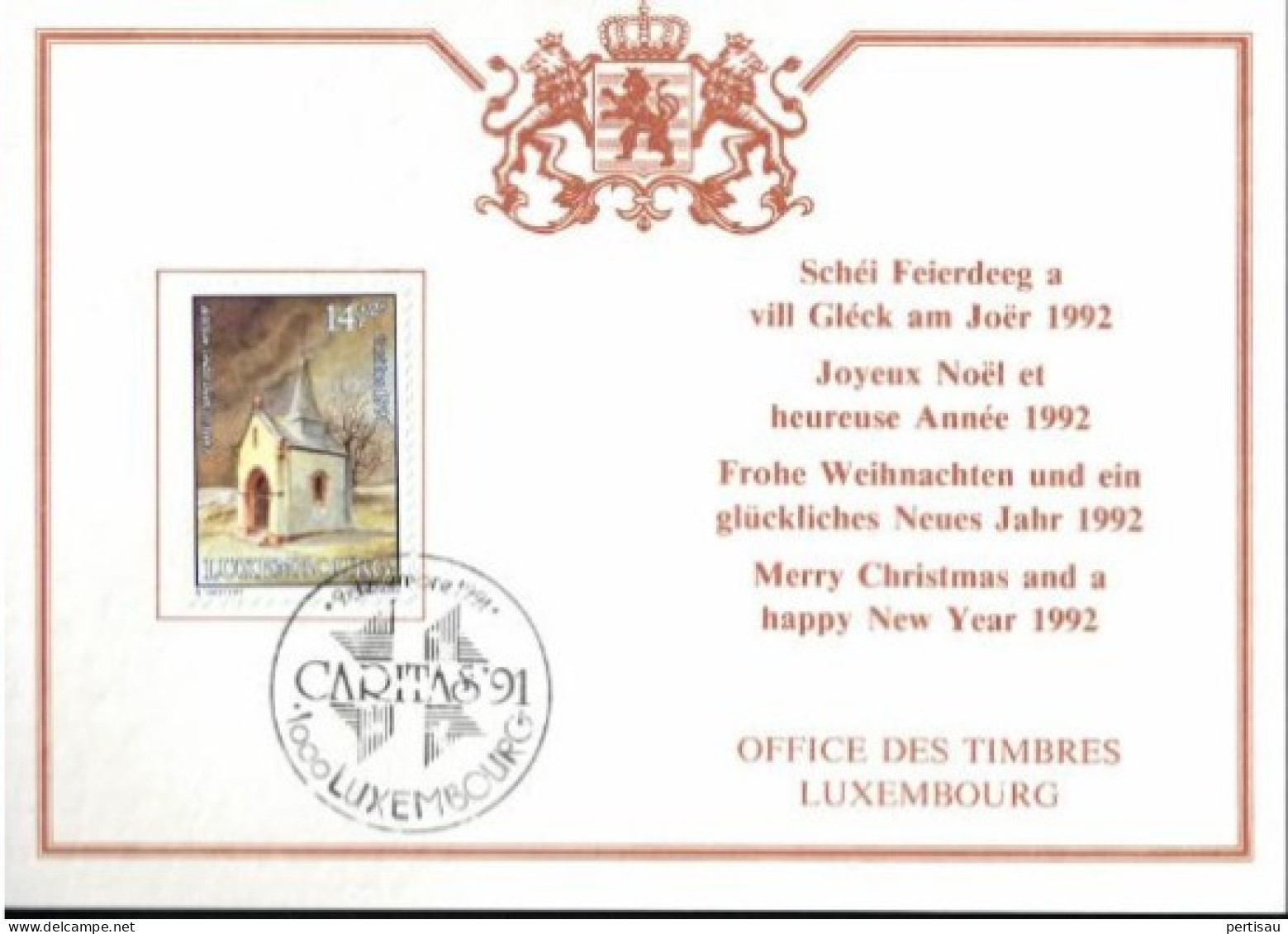 Wenskaart Joyeux Noel Et Heureuse Annee 1992 Speciale Afstempeling 1991 - Cartes Commémoratives