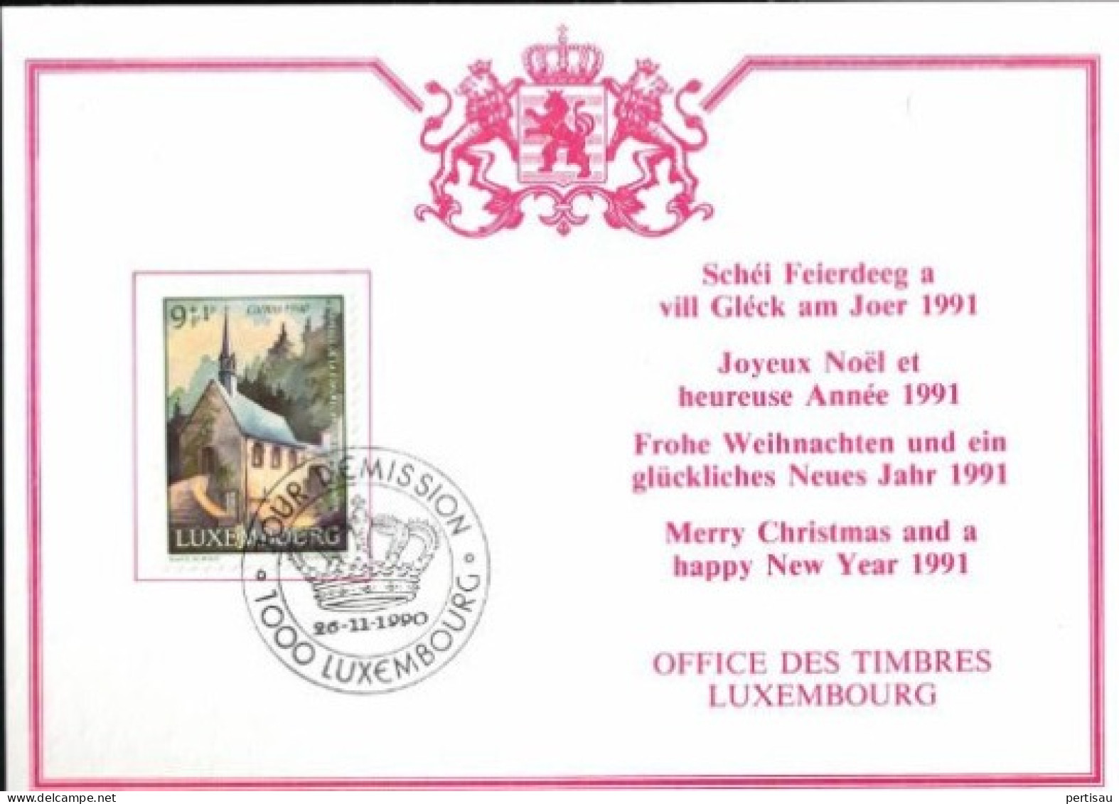 Wenskaart Joyeux Noel Et Heureuse Annee 1991 Speciale Afstempeling 1990 - Tarjetas Conmemorativas