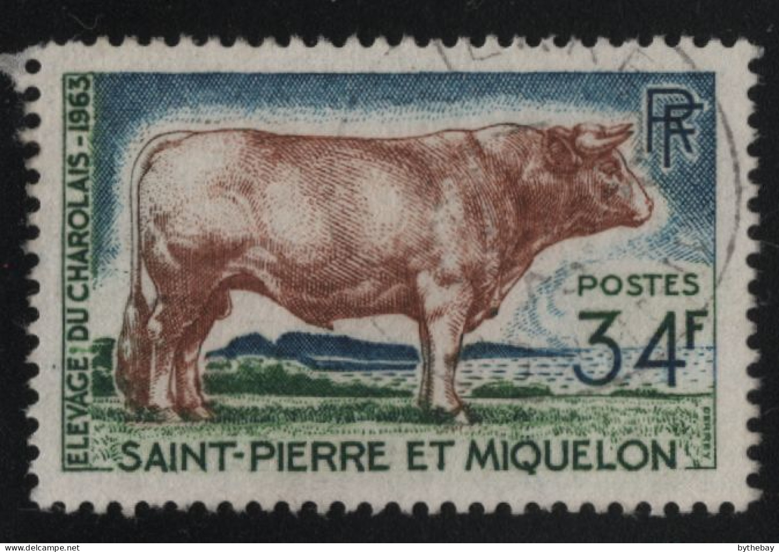 St Pierre Et Miquelon 1964 Used Sc 373 34fr Charolais Bull - Used Stamps