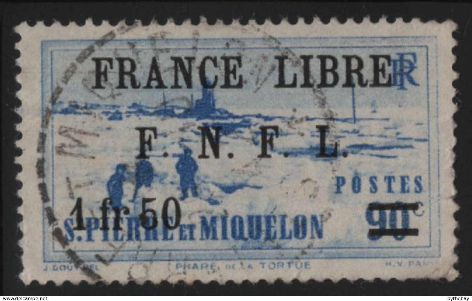 St Pierre Et Miquelon 1942 Used Sc 252 1.50fr On 90c Tortue O/P Thin - Used Stamps