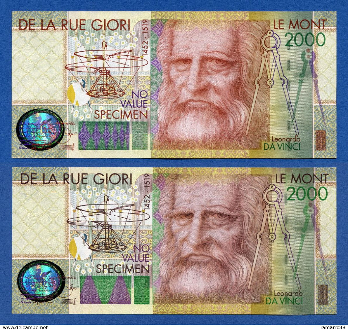 De La Rue Giori - Set Of 2 Different Leonardo Da Vinci Without Serial Number Specimen Test Notes Unc - Fictifs & Spécimens