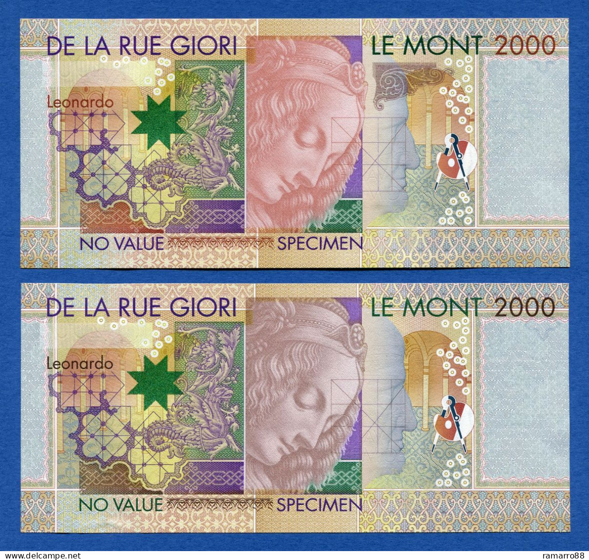 De La Rue Giori - Set Of 2 Different Leonardo Da Vinci Without Serial Number Specimen Test Notes Unc - Fiktive & Specimen