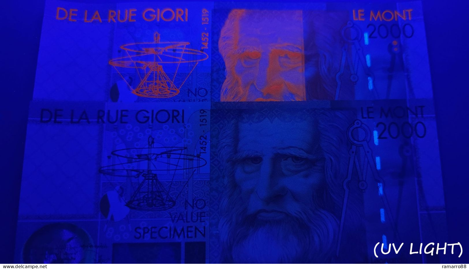 De La Rue Giori - Set Of 2 Different Leonardo Da Vinci Without Serial Number Specimen Test Notes Unc - Fictifs & Spécimens