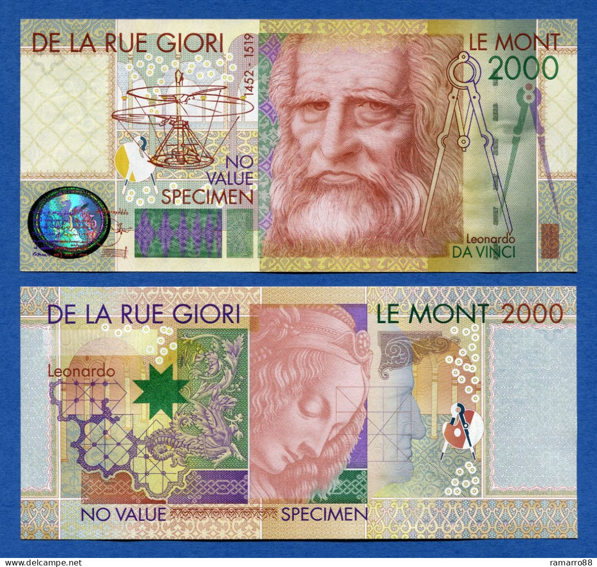 De La Rue Giori - Set of 2 Different Leonardo Da Vinci Without Serial Number Specimen Test Notes Unc