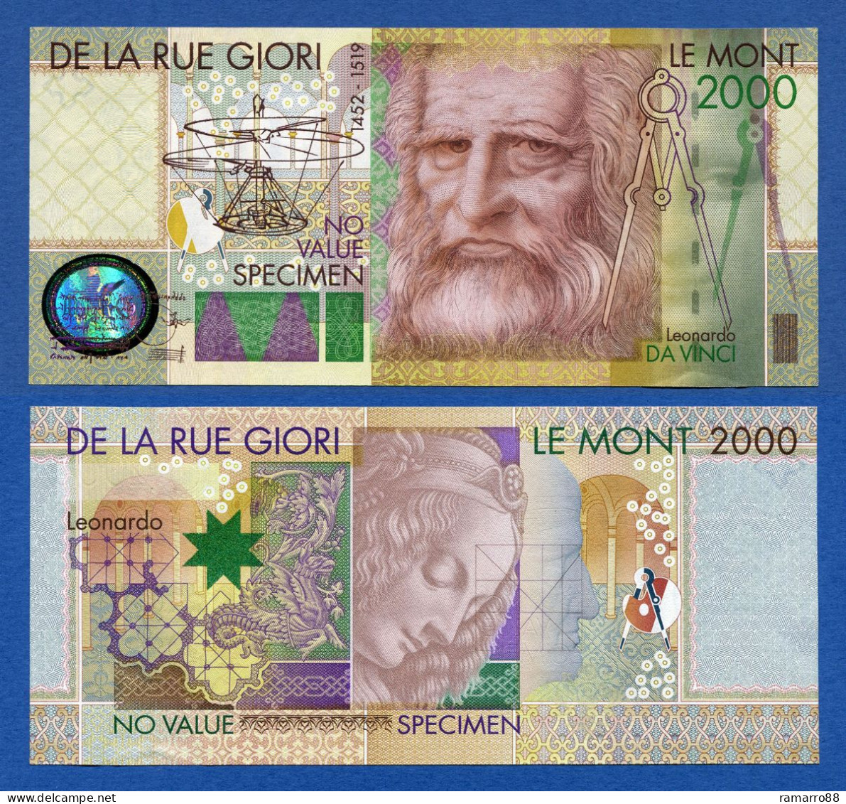 De La Rue Giori - Set of 2 Different Leonardo Da Vinci Without Serial Number Specimen Test Notes Unc