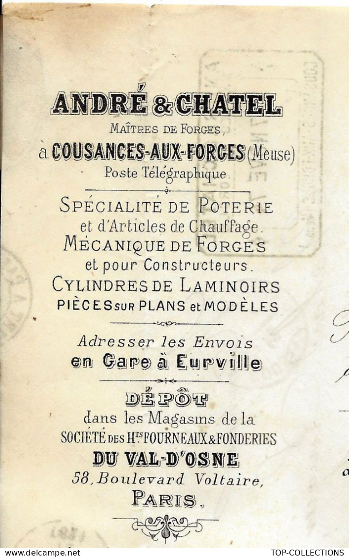 1874 ENTETE André & Chatel Maitres De Forges  Cousances Aux Forges Meuse Hauts Fourneaux Fonderies > Maringues Puy De D - 1800 – 1899