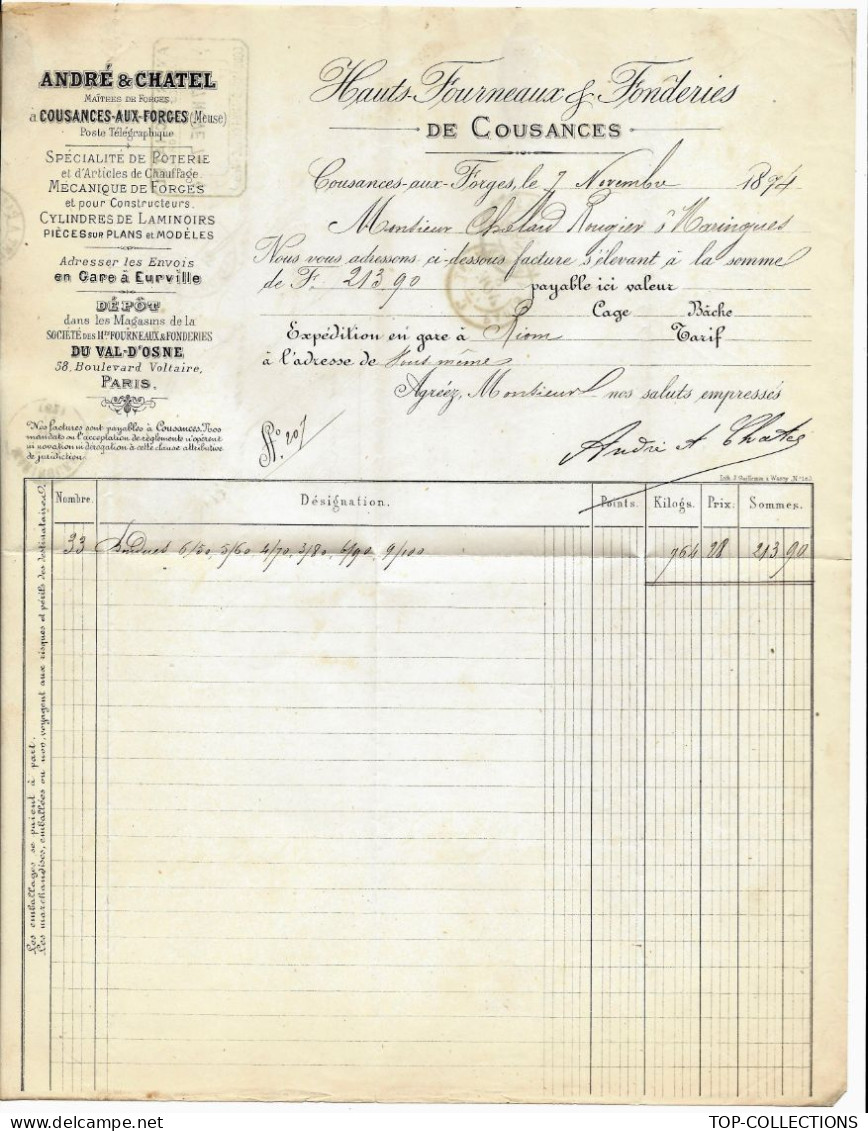 1874 ENTETE André & Chatel Maitres De Forges  Cousances Aux Forges Meuse Hauts Fourneaux Fonderies > Maringues Puy De D - 1800 – 1899