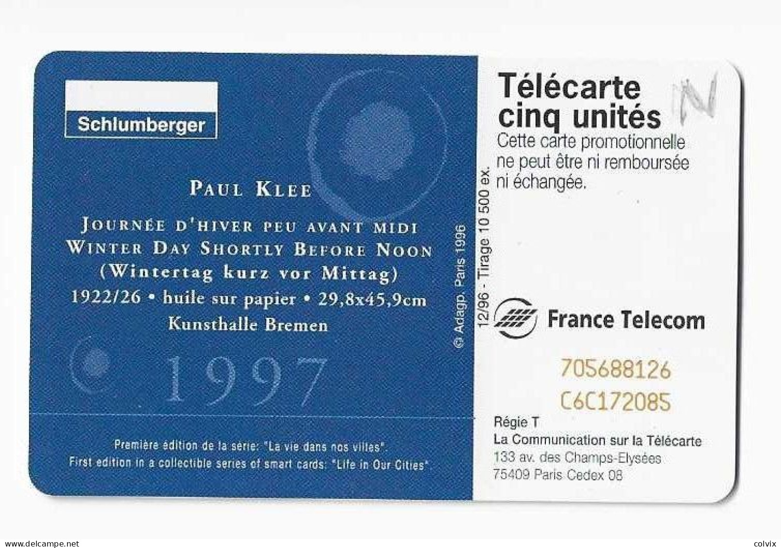 FRANCE TELECARTE 5 UNITES  GN290  SCHLUMBERGER TABLEAU De PAUL KLEE NEUVE MINT Date 12/1996 - 5 Eenheden