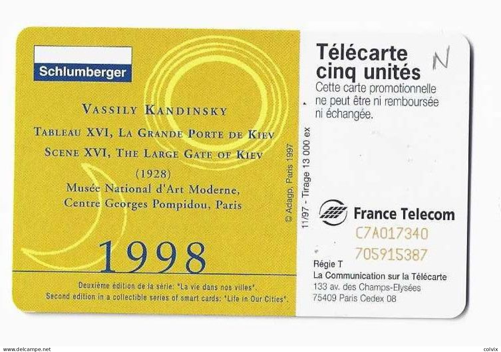 FRANCE TELECARTE 5 UNITES  GN423  SCHLUMBERGER TABLEAU De VASSILY KANDINSKY NEUVE MINT Date 11/1997 - 5 Eenheden