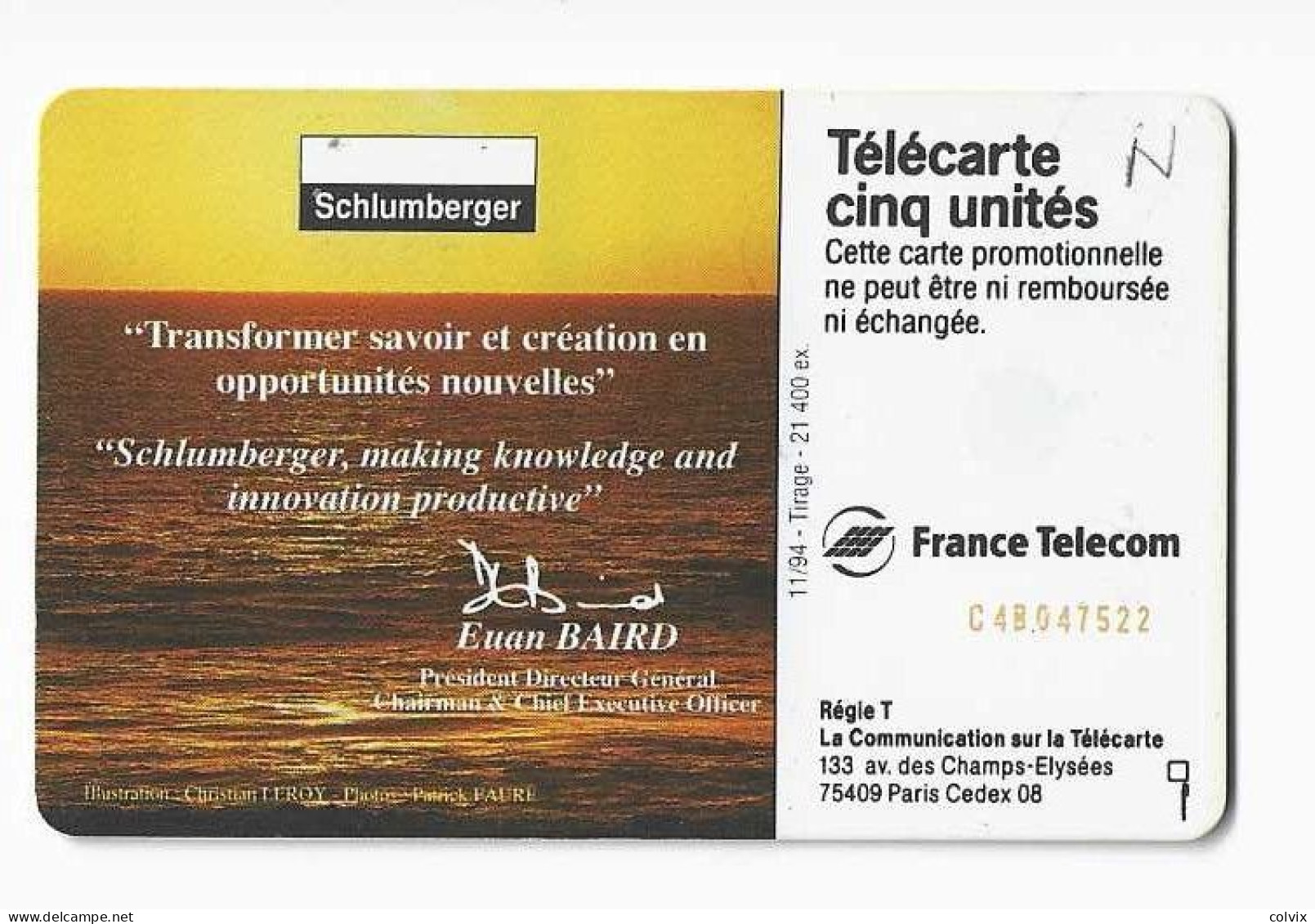 FRANCE TELECARTE 5 UNITES  GN87 SCHLUMBERGER CHRONOMETRE Illustration Christian LEROY NEUVE MINT Date 11/1994 - 5 Eenheden