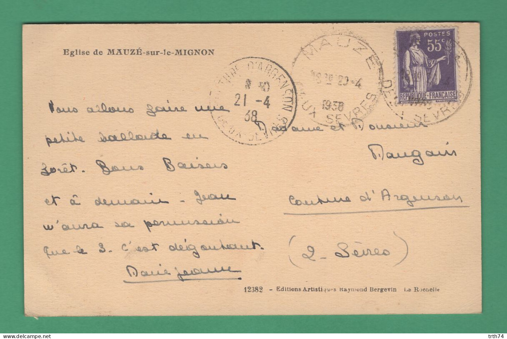 79 Mauze Sur Le Mignon église Edition Bergevin La Rochelle Ramuntcho Oblitération Cachet HOROPLAN 1938 - Mauze Sur Le Mignon