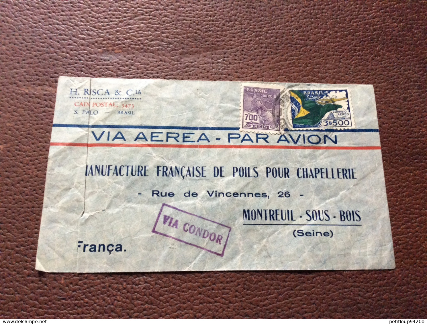 ** POSTE AÉRIENNE  Bresil MANUFACTURE FRANÇAISE DE POILS POUR CHAPELLERIE  390 - Airmail (Private Companies)