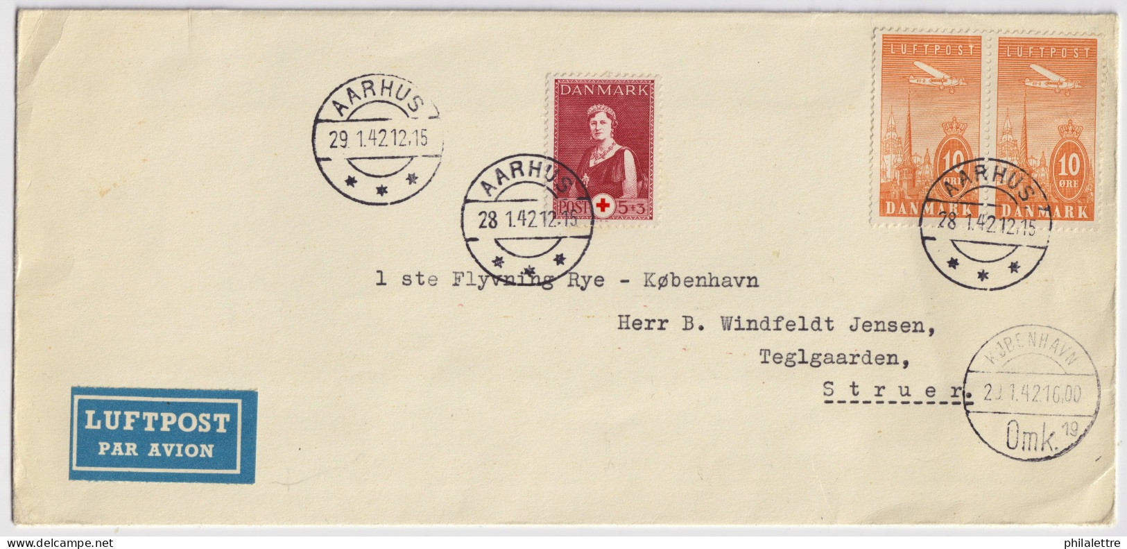 DENMARK - 1942 - 2xFacit F262 & F289 On Air Mail Cover From AARHUS To STRUER Via Copenhagen. - Briefe U. Dokumente