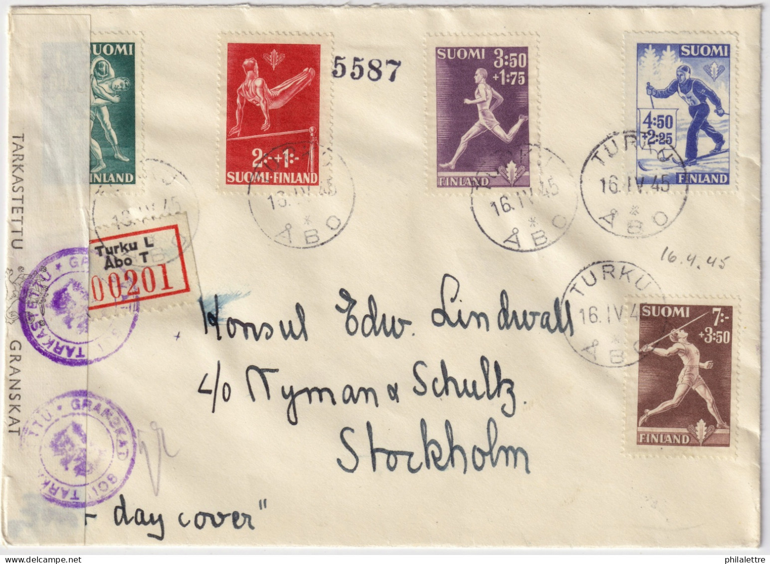 FINLAND - 1945 - Facit F290/4 Sports Set On Registered First Day Cover (April 16 "TURKU / ABO") To Stockholm - Censored - FDC