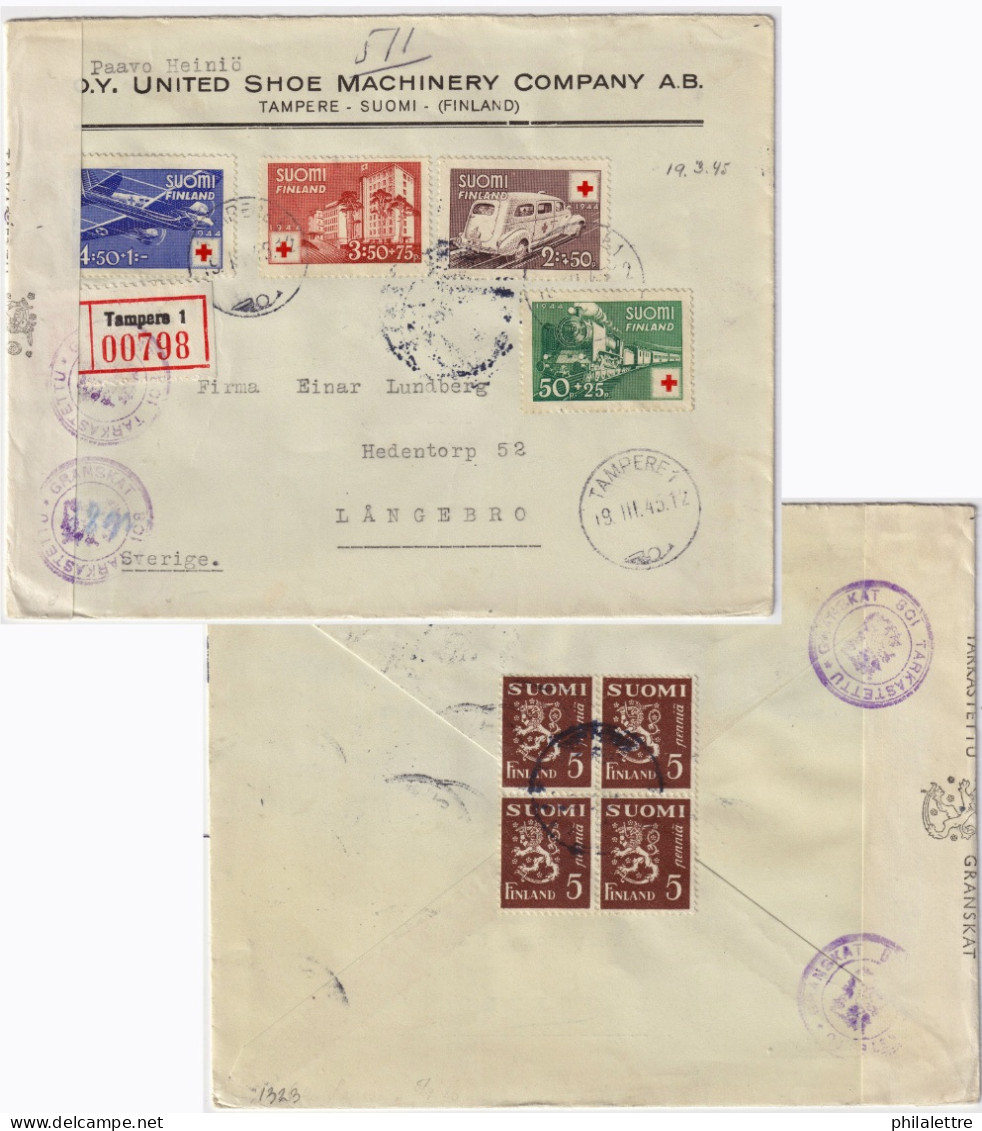 FINLAND - 1945 - Facit F282/5 Red Cross Set On Censored Registered Cover From TAMPERE 1 To LANGEBRO, Sweden - Briefe U. Dokumente