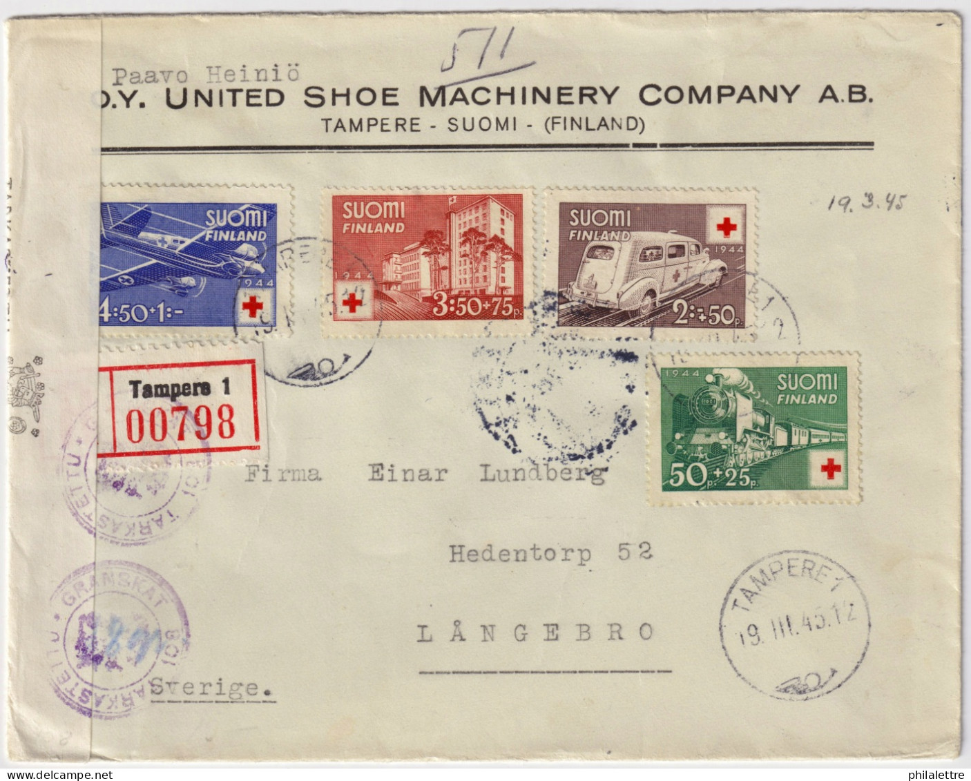 FINLAND - 1945 - Facit F282/5 Red Cross Set On Censored Registered Cover From TAMPERE 1 To LANGEBRO, Sweden - Cartas & Documentos