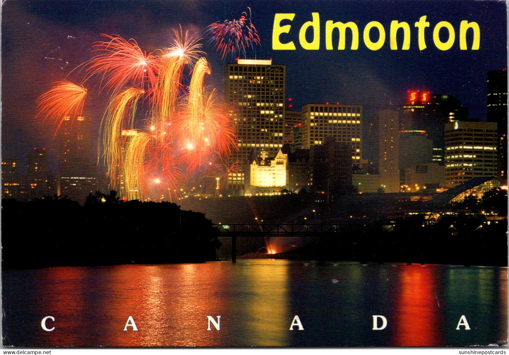 Canada Edmonton Skyline At Night With Fireworks Display - Edmonton