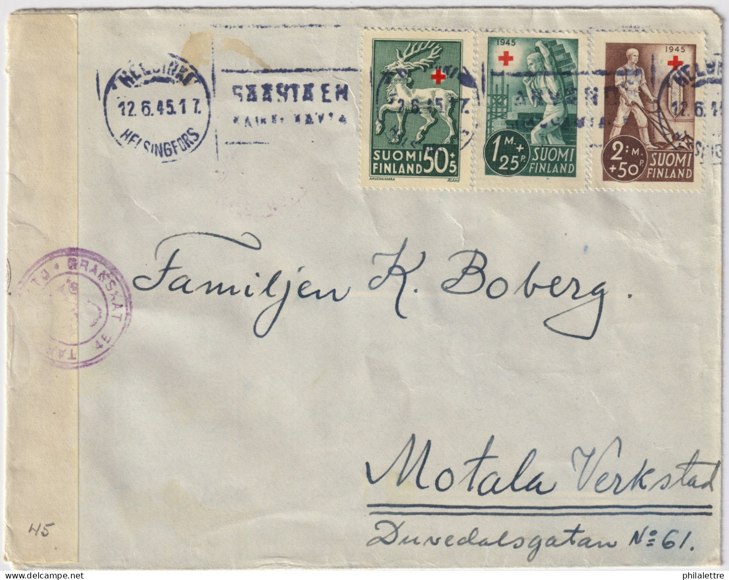 FINLAND - 1945 - Facit F258, F295 & F296 Red Cross (1942 & 45 Issues) On Censored Cover From HELSINKI To MOTALA, Sweden - Lettres & Documents