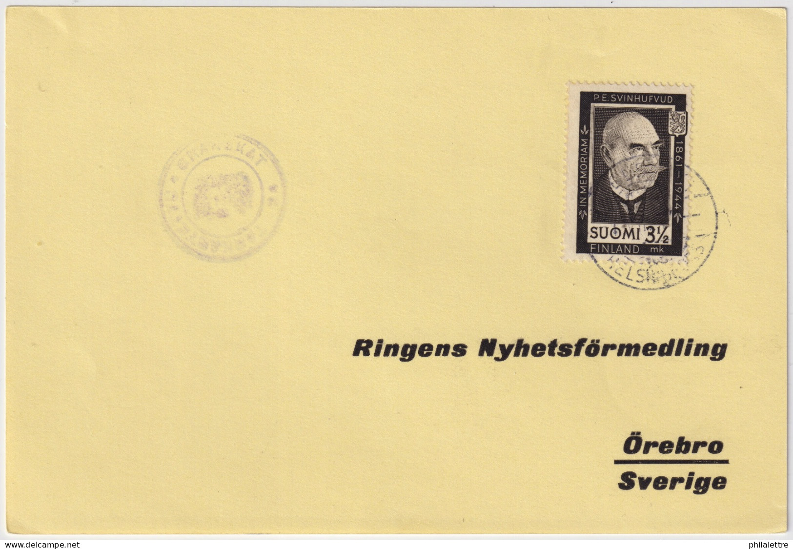 FINLAND - 1944 - Facit F288 3.50M Pdt Svinhufvud On First Day Card From Helsinki To Örebro, Sweden (Censored) - FDC