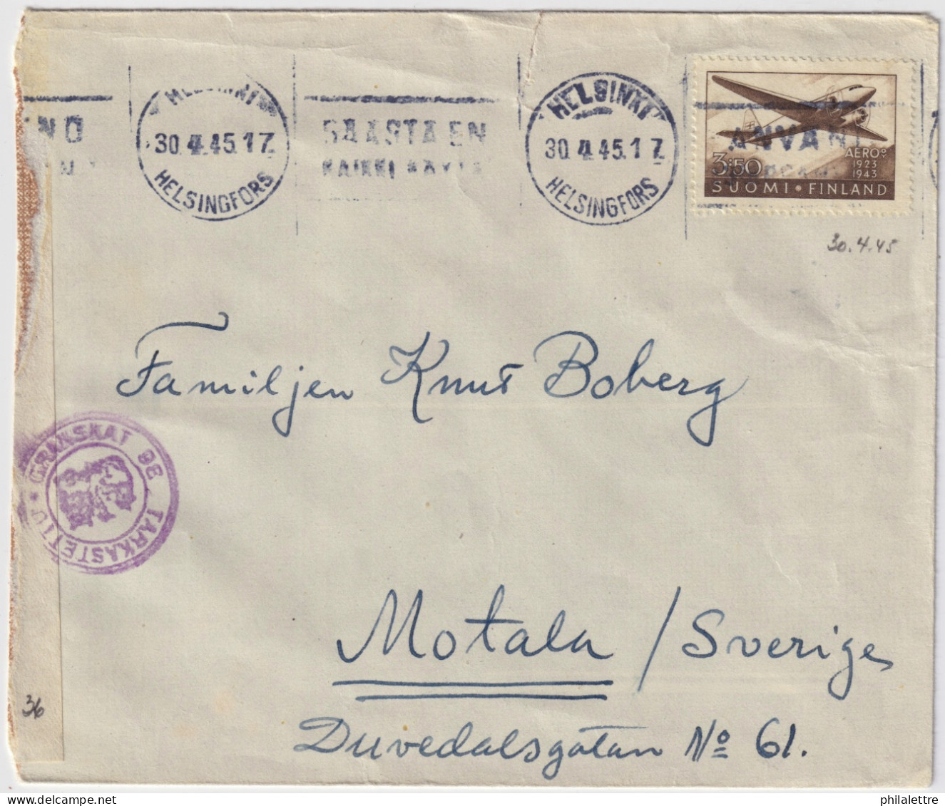 FINLAND - 1945 - Facit F287 3.50M Douglas DC-2 On Censored Cover From Helsinki To Motala, Sweden - Cartas & Documentos