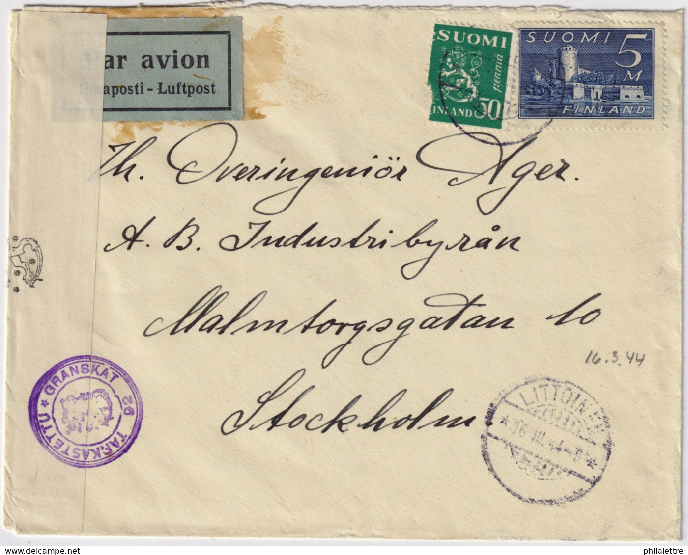 FINLAND - 1944 - Facit F180 & F159 On Censored Air Mail Cover From LITTOINEN To Stockholm, Sweden - Covers & Documents