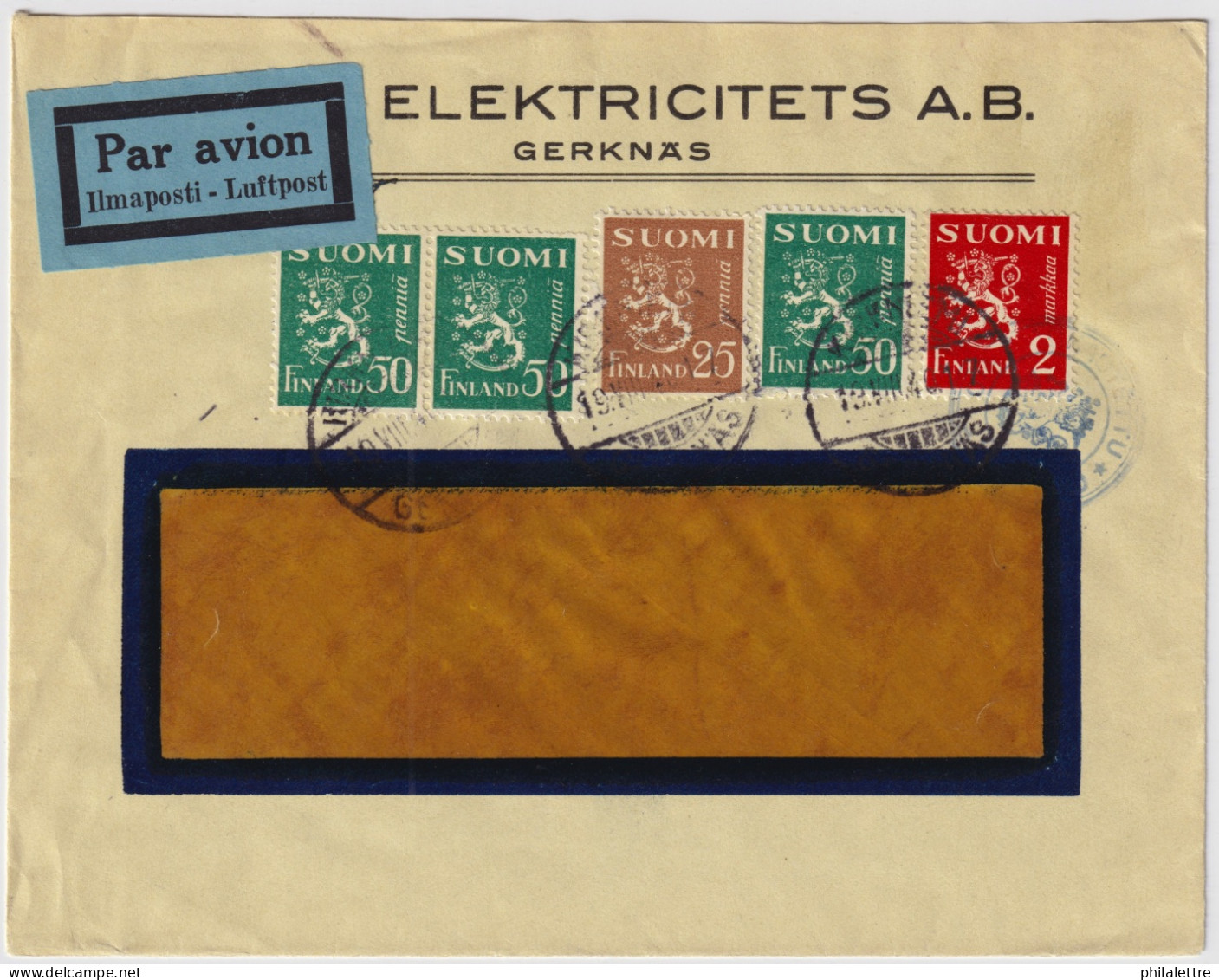 FINLAND - 1940 - Facit F150, 3xF180 & F201 On Censored Air Mail Cover From KIRKIEMI / GERKNÄS - Cartas & Documentos