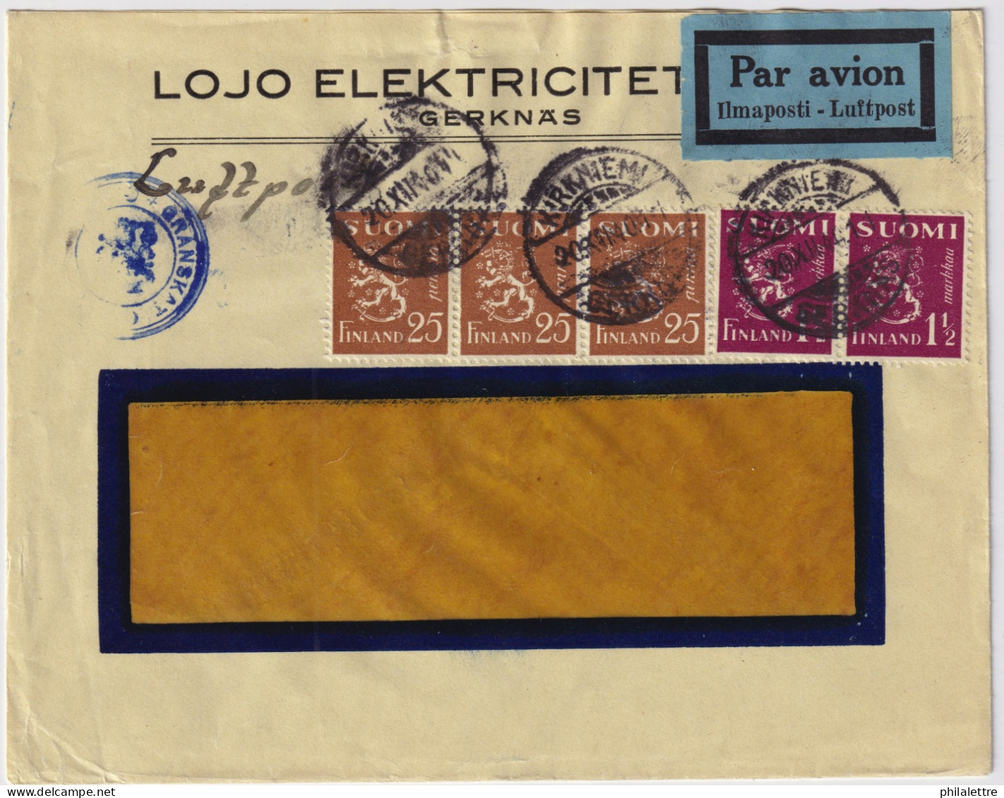 FINLAND - 1940 - 3xFacit F150 & 2xF156 On Censored Air Mail Cover From KIRKIEMI / GERKNÄS - Briefe U. Dokumente