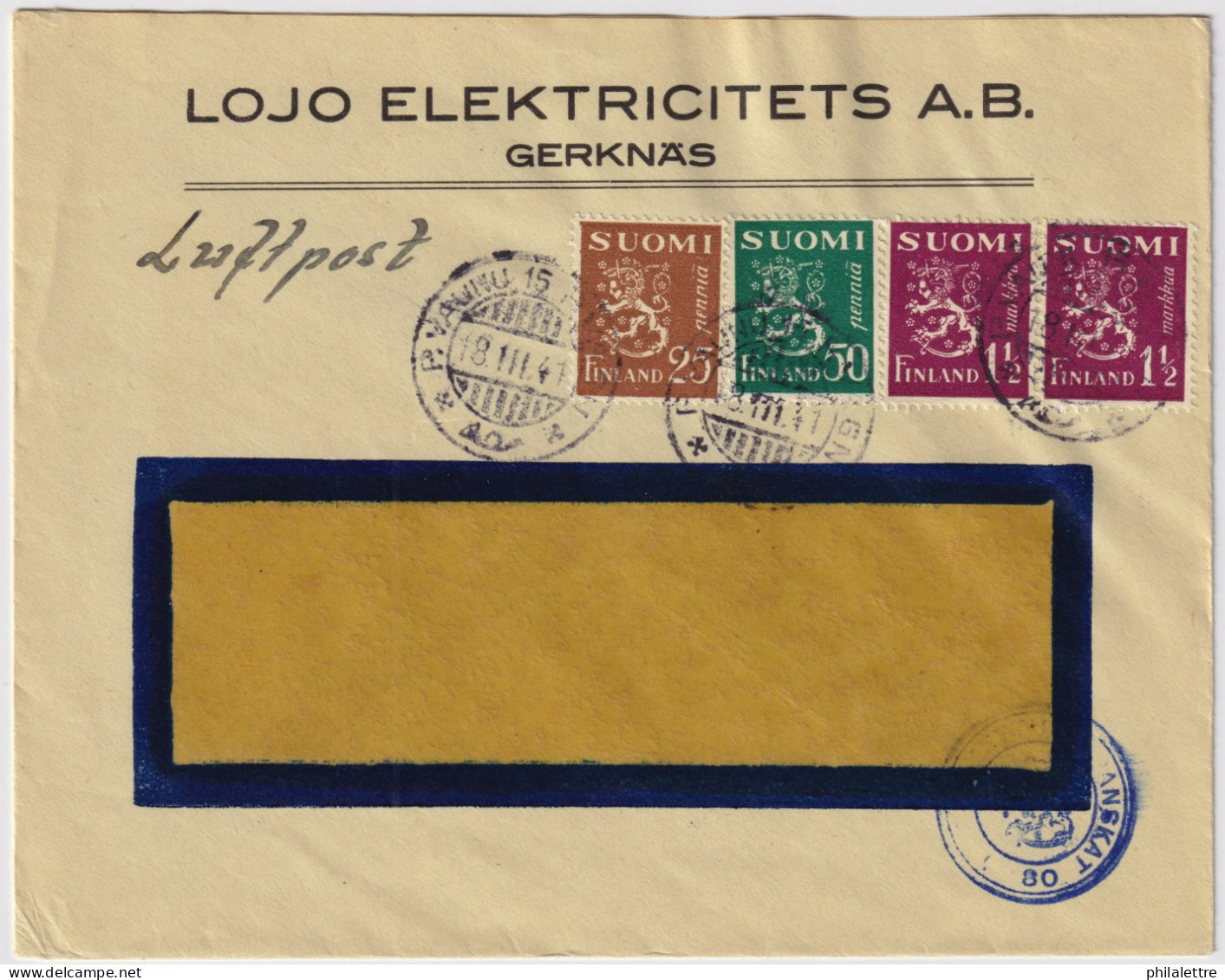 FINLAND - 1940 - Facit F15, F180 & 2xF156 On Censored Air Mail Cover From KIRKIEMI / GERKNÄS - Storia Postale