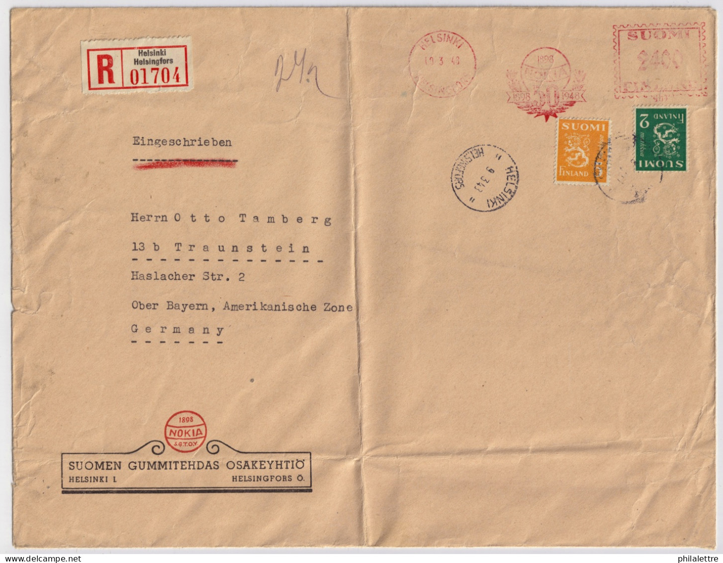 FINLAND - 1948 - Special NOKIA 50th Anniversary Franking Mark (2400p) + Facit F305 & F315 On Registered Cover To Germany - Cartas & Documentos