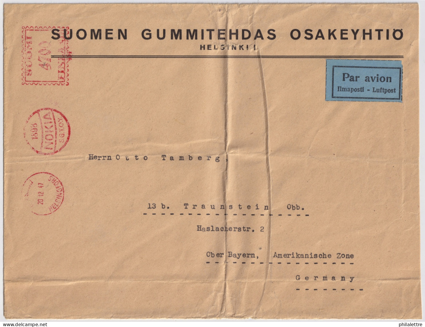 FINLAND - 1947 - "1898 / NOKIA / S.G..O.Y." Franking Mark (4700p) On Air Mail Cover To Germany - Brieven En Documenten