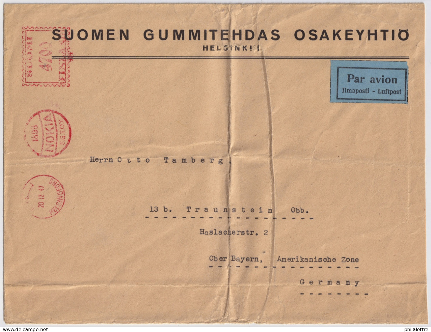 FINLAND - 1947 - "1898 / NOKIA / S.G..O.Y." Franking Mark (4700p) On Air Mail Cover To Germany - Covers & Documents
