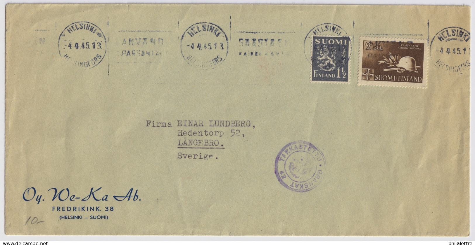 FINLAND - 1945 - Facit F234 & 279 2M+50p Nat'l Relief Fund On Censored Cover From Helsinki To LANGEBRO, Sweden - Covers & Documents