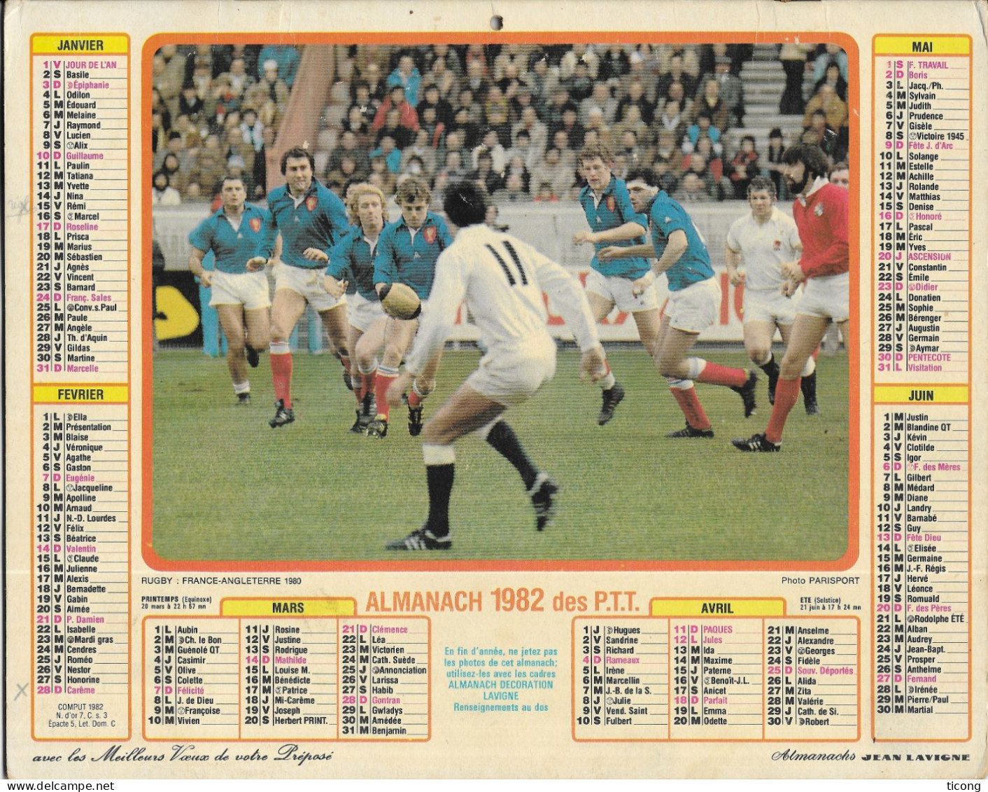 CALENDRIER DE 1982 FOOTBALL FRANCE HONGRIE, RUGBY FRANCE ANGLETERRE, ALMANACH JEAN LAVIGNE DEPARTEMENT NORD, A VOIR - Tamaño Grande : 1981-90