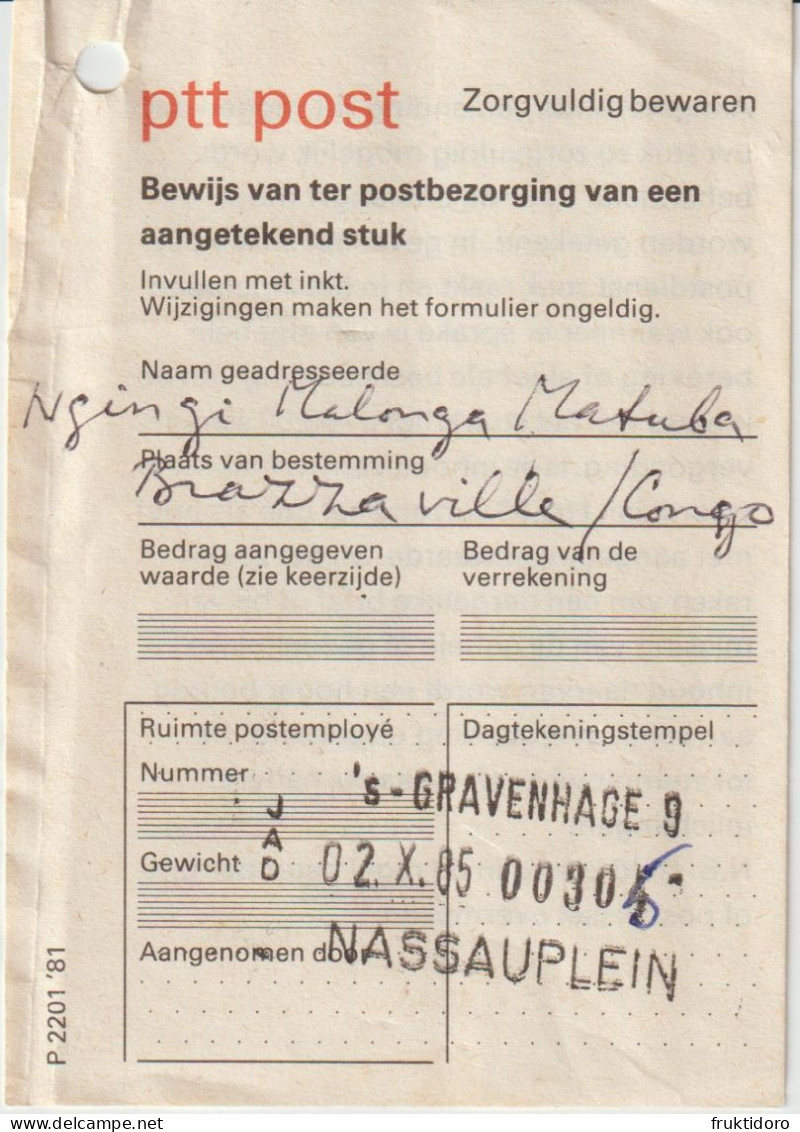 The Netherlands Postal Invoice Registered Letter The Hague 1985 - Holanda