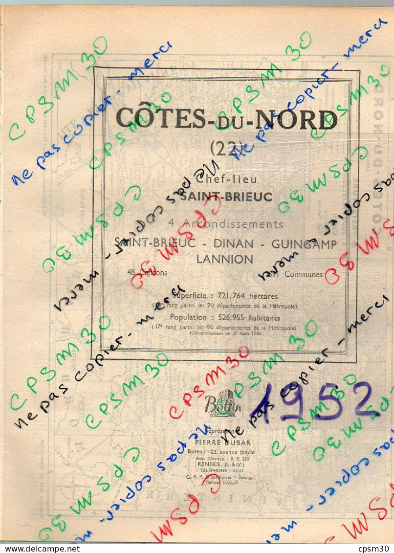 ANNUAIRE - 22 - Département Cotes Du Nord - Année 1952 édition Didot-Bottin - 110 Pages - Telefonbücher