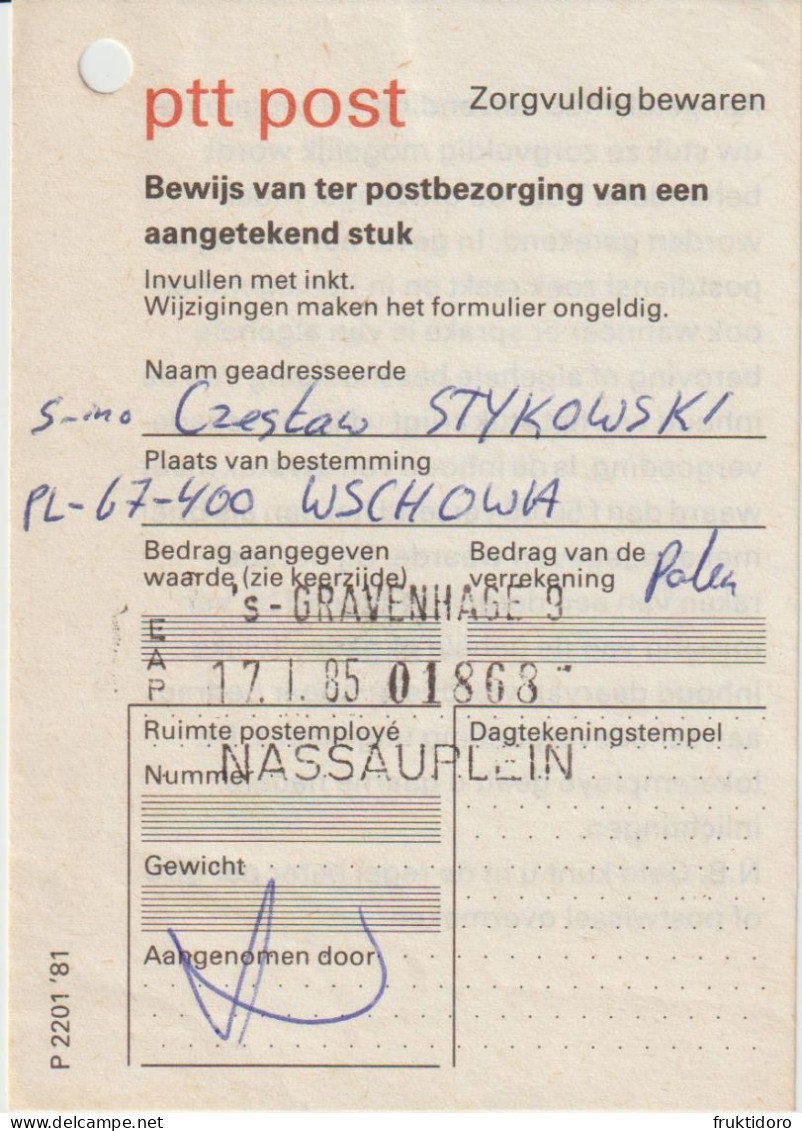 The Netherlands Postal Invoice Registered Letter The Hague 1985 - Holanda